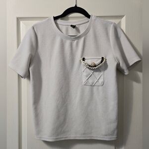 White Short Sleeve Knit Top with Embellished Chest Pocket